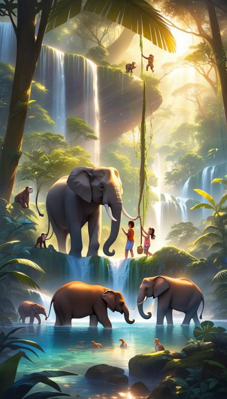 A highly detailed photorealistic painting of a lush and vibrant rainforest with towering trees, cascading waterfalls, and a diverse cast of animals. The scene is bathed in the warm glow of the setting sun, casting long shadows through the dense foliage. The animals are all engaged in their daily lives, from a family of monkeys swinging through the trees to a group of elephants drinking from a watering hole. The overall atmosphere is one of peace and harmony, with a sense of wonder and awe at the beauty of the natural world.