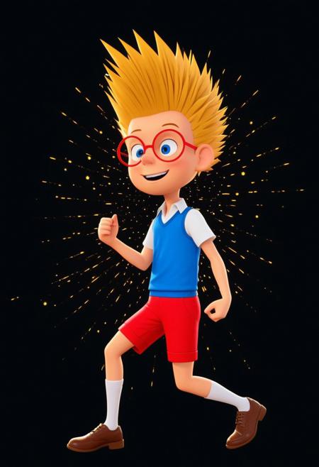 Character, Lewisrobinson, blonde spiky hair,red glasses, blue vest, red shorts, white shirt, cartoon style, brown shoes, white socks.  proud face, excited pose, in the style of golden future. gears are falling as meteor shower colored baroque geometric patterns float around the canvas in the style of colorful digital art. The image has a futurist aesthetic with a nice futuristic disorder and psychedelic color palette. Black background, neon lights, glitch art, surrealism, high contrast, vibrant colors, psychedelic patterns, ethereal glow. The overall mood should be one of happy tomorrow and hopefull beauty.It's like something in the style of science fiction.Lewisrobinson, cartoony, by Crazyoe