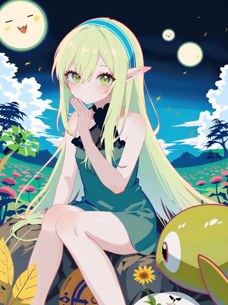 1 girl,solo,sitting,an extreme delete and beautiful,beautiful detailed sky,beautiful detailed eye,side blank banks,hair between eyes,close to viewer,breeze,flying splashes,flying pets,wind,forest,fair,elven,green,flowing dress,long hair,flowing hair decor,series expression,slider figure,green eyes,Almond shaped eyes,fair skin,light blue clothing,sitting on a Mushroom,Close up,green plants,flying petals,flowing headbands,lightweight posture,
<lora:Muse_DashV4-000370:1>,