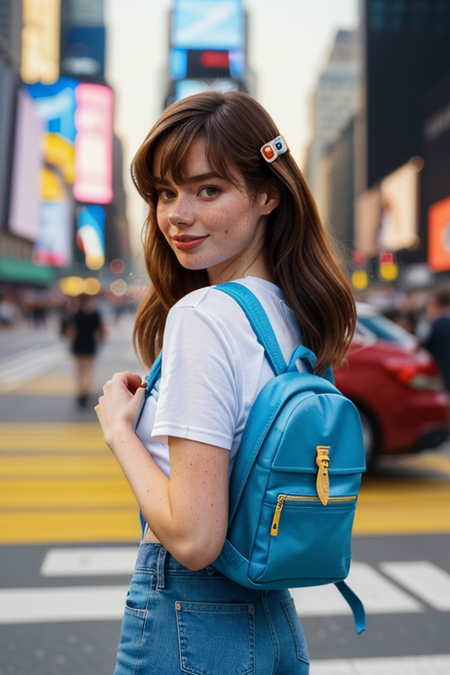 MarineLeMerrer, wearing backpack, t-shirt, denim shorts, facing viewer, crowded Times Square, filmic grain and soft focus, youthful energy, carefree moments, analog nostalgia, hairclip, smile