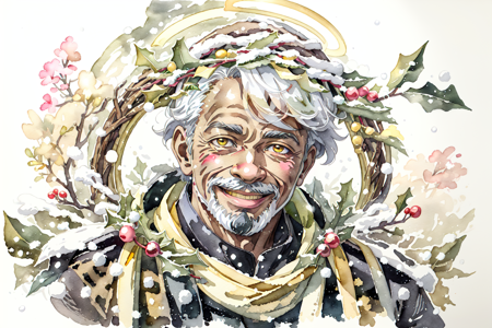 GachasplashMistletoe, solo, looking at viewer, smile, 1boy, upper body, white hair, male focus, facial hair, beard, old, old man, dark skin, dark skinned male yellow background, SplashHelper, <lora:GachasplashMistletoe:0.8>