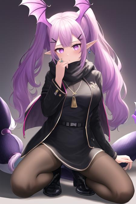 masterpiece, best quality, highres, solo, {manticore_arknights:1.10}, long_hair, purple_hair, head_wings, pointy_ears, purple_eyes, bangs, hair_ornament, tail, twintails, breasts, hairclip, pink_eyes, 1girl, jacket, looking_at_viewer, official_alternate_costume, pantyhose, black_footwear, dress, jewelry, long_sleeves, necklace, black_dress, black_jacket, boots, full_body, black_pantyhose, scarf