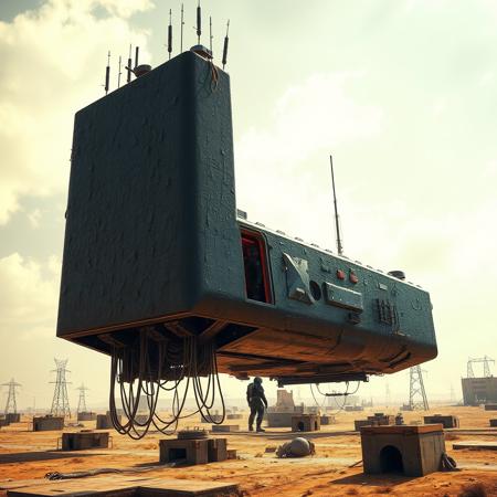 ultra high resolution, masterpiece, best quality, large rectangular angled glossy black spacecraft with an extremely rough textured surface, hovering low to the ground, underneath the spacecraft are cables hoses and wires, antennas on top, cables hanging from below, rectangular in shape, futuristic world, post apocalyptic landscape, ((low concrete buildings:1.3)) anti gravity, in the atmosphere, sky, clouds, ground visible, hovering, dry, ((dusty)), bleak landscape, parched, bright noon sunlight, square shapes, bleached colors, destroyed industrial buildings, powerlines and towers, concrete foundations, open entrance hatch on spaceship, soldier in dark armored spacesuit, helmet, standing in the well lit entrance, red interior lighting