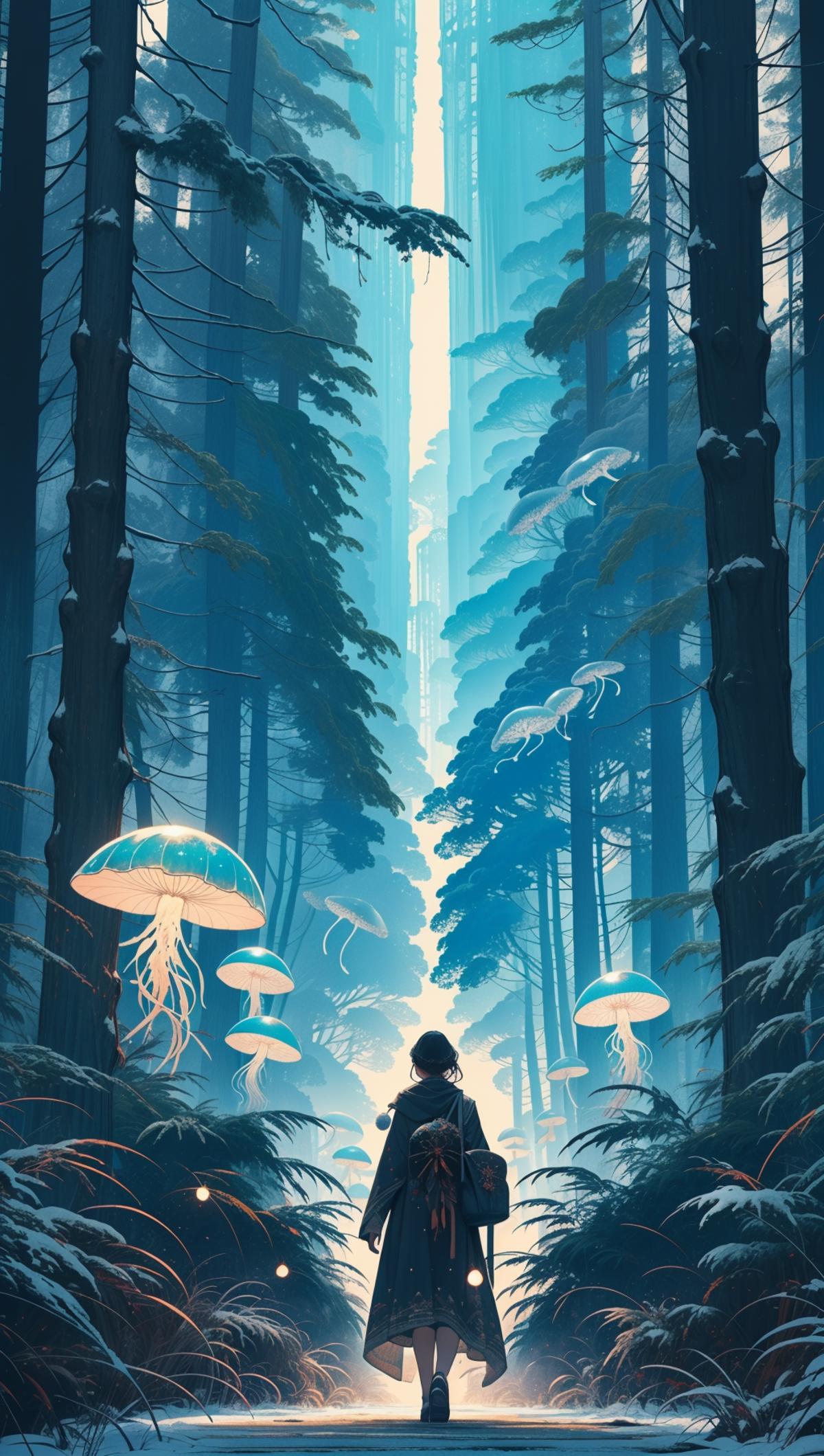 A person walking through a forest with glowing jellyfish floating above.