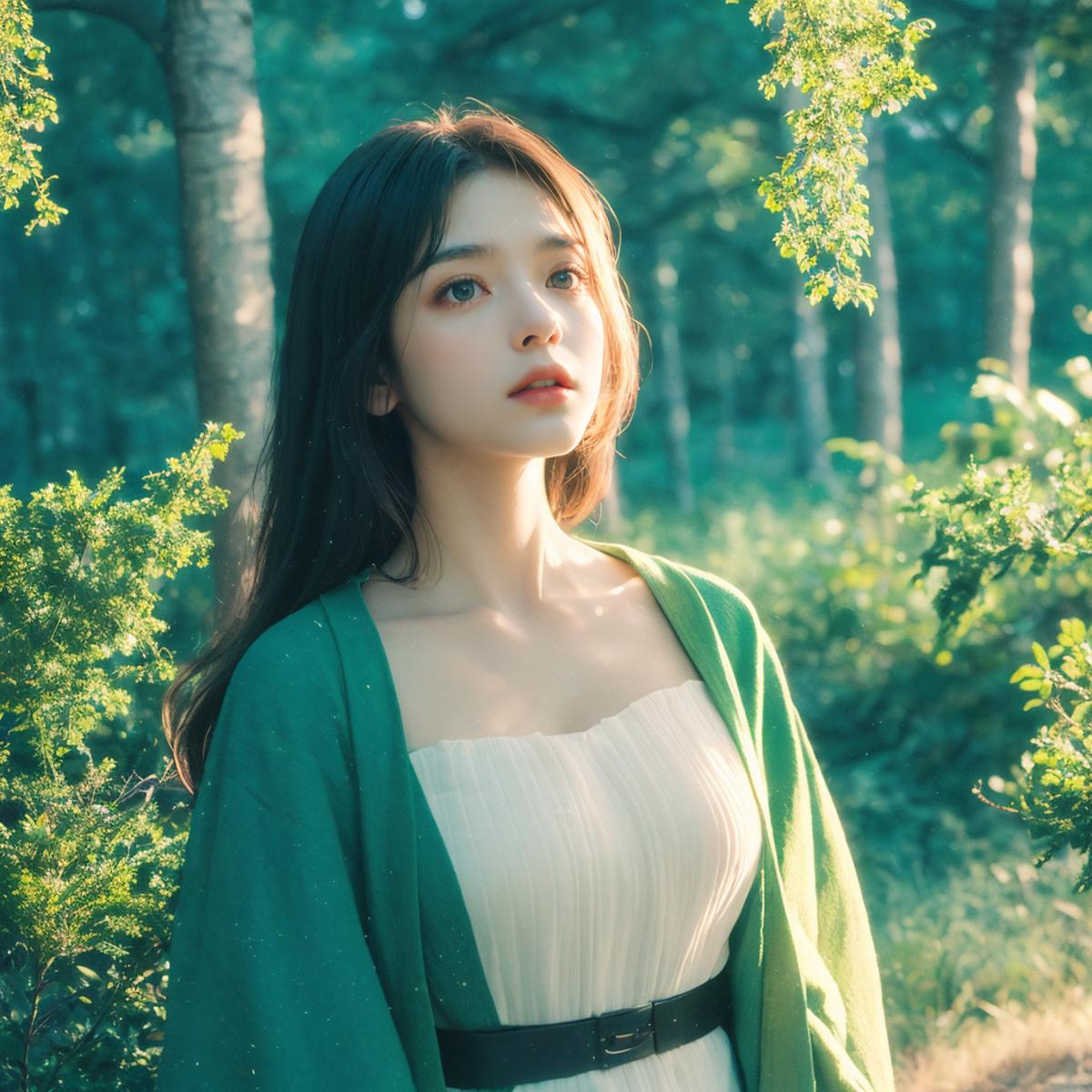 A beautiful young lady wearing a green dress, standing in a forest with trees in the background.