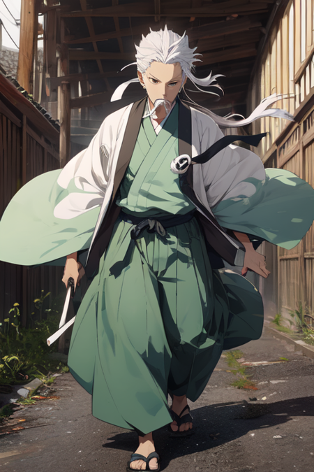 konpaku_youki solo, 1boy, male_focus, long_hair, blue_eyes, green_vest, whirt_shirt, long_sleeves, wide_sleeves, ponytail, hair_ribbon, hakama_skirt, green_hakama, sword, katana, sheath, sheathed, seven_katana, ghost, 