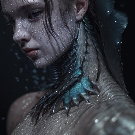 award winning studio photo fish young woman, close up, carbon, (detailed texture:1.3), detailed material, sharp focus, hd, hdr, 8k, reflection, (wet body:1.3), (fish scales:1.4), (gills on the neck:1.7)