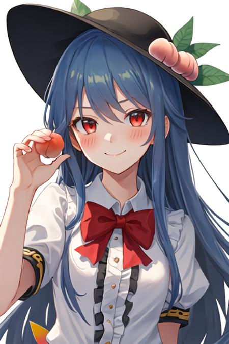 best quality, masterpiece, highres, solo, {hinanawi_tenshi_touhou:1.15}, blue_hair, long_hair, red_eyes, peach, food, fruit, hat, blush, black_headwear, bow, leaf, hair_between_eyes, 1girl, bowtie, looking_at_viewer, puffy_short_sleeves, puffy_sleeves, red_bow, red_bowtie, shirt, short_sleeves, upper_body, white_shirt, simple_background, bangs, closed_mouth, white_background, frills, smile