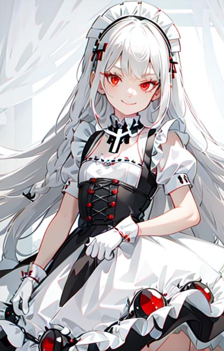 best quality, ultra detailed, 1girl, solo, standing, white hair, twin braids, red eyes,maid headdress,maid apron, bangs,white gloves, stare, smile, looking at viewer, (interview:1.3),  <lora:maid_v10:0.8>