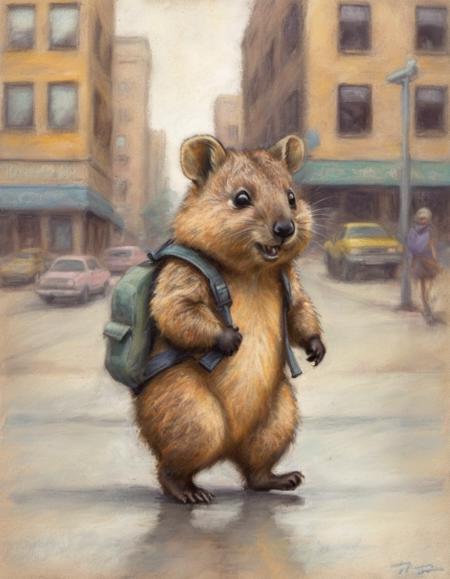 pastel drawing of an adorable quokka taking a walk in a big city