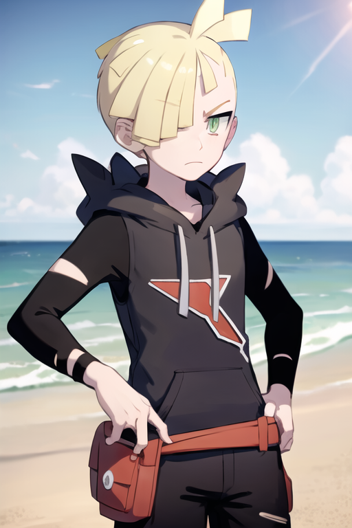 masterpiece, best quality, <lora:Gladion:0.8>, gladion \(pokemon\), Frown, black hoodie, black pants, torn clothes, fanny ...
