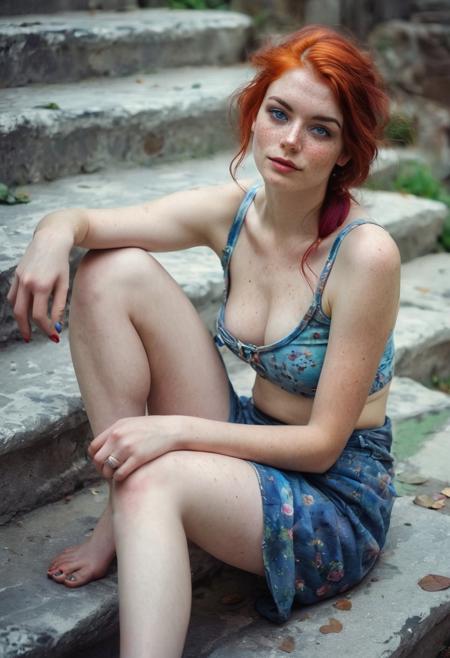 Realistic Photography inspiring a watercolor painting . Monet  painting style. A mysterious and proud beautiful  punk woman 35 year. funny.  A silk T-shirt is worn on a slender body and beautiful big breast. Deep cleavage,  freckles. the emphasis is on blue eyes. professional makeup emphasizes strength of character and tenderness. smile. red hair is loose. He sits on the stone steps in a free pose. soft focus. soft light, cover, beautiful legs, legs show,
