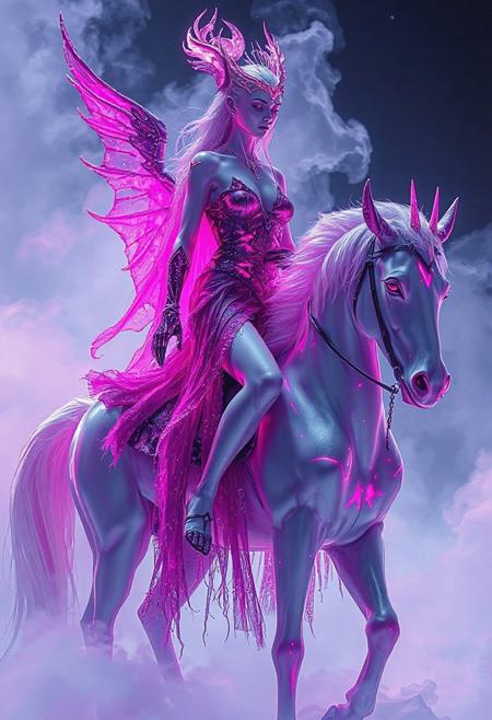 toxic skin art style, Laevateinn with neon lava-magenta galaxy black and white color palette Skin archaea/woman, Bioluminescence translucent background, full view, hyper realistic, masterpiece, 32k, detailed, full body view, female ,Big legs, wide hips, a the woman wearing shattered glass like robe, woman is riding a Laevateinn with pearl-white magenta galaxy black and white color palette Skin,