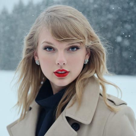 instant photo of of taylor swift, <lora:TaylorSwift_SDXL_FULLB16:0.93> eyeliner, eyeshadow, long eyelashes, mascara, red lips, long blonde hair with fringe,   shot on Hasselblad 500CM natural lighting, in the snow, sharp focus, Snow , Leaning Pose Trench coat,