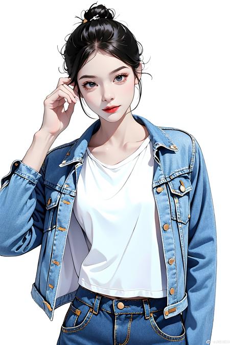 02547-3691432723-masterpiece, best quality, ((pure white background)), standing, black hair bun,cold face, full body, Denim jacket, white T-shirt.png