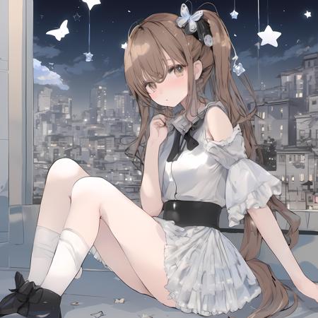 illustration,missing arms,small breast,sitting,beautiful detailed eyes,high heels,monochrome,fetal_position,butterfly,brown hair,Bare thigh,bell,indoor,dusk,peace symbol ,sketch,gyaru,nurse,eye_contact,stars,tongue out,side-tie_panties,expressionless,floating glass fragments,hidden hands,cute face,cinematic lighting,big top sleeves,overexposure,beautiful detailed eyes,sharp focus,huge clocks,small breast,pleated skirt,extremely detailed,floating hair,dynamic angle,ribbons,asymmetrical bangs,blank stare,bowties,buttons,caustic,hair_ornament,solo,portrait,chromatic aberration,frills,best quality,glass strips,beautiful detailed sky,colorful refraction,hdr,lens flare,illustration,1 girl,eye shadow,colorful,dark intense shadows,masterpiece,cityscape,twintails,food on face