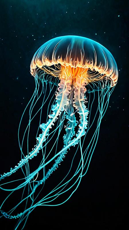 A single light blue jellyfish floats gracefully in the pitch-black depths of the ocean, its delicate long tentacles trailing behind it like an intricate lace. A dramatic and unusual scene. A world of beauty. Vintage style with retro filter. Toning effects for Instagram, breathtaking photos.<lora:novuschroma70 style_:1>