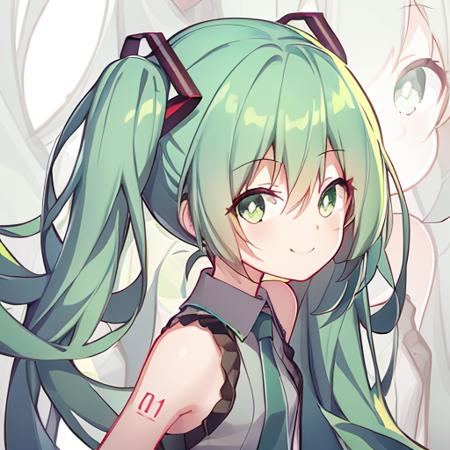 1girl,hatsune miku,smile,green eyes,(facial),anime,outline,looking at viewer,flat chest,arms behind back <lora:QUAN-style-000007:1>