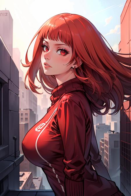 masterpiece, best quality, kenmarinaris, red eyes, orange sweater, large breasts, upper body, from side, looking at viewer, wide open eyes, neutral expression, futuristic building <lora:kenmarinaris-nvwls-v1-000012:0.8>