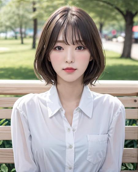 pureerosface_v1, best quality, photorealistic, 8k, high res, full color, 1girl, woman, 20 years old woman, (closed mouth:1.73), (skindentation), (portrait:0.6), trees, park bench, daylight, ((park background:1.52)), full color, ((whitebuttonedshirt:1.58)), looking at viewer:1.8, (1girl eyes looking at viewer:1.55), (medium hair, brownhair, partedbangs:1.45), (bokeh), <lora:AAW-wendy2:0.69>