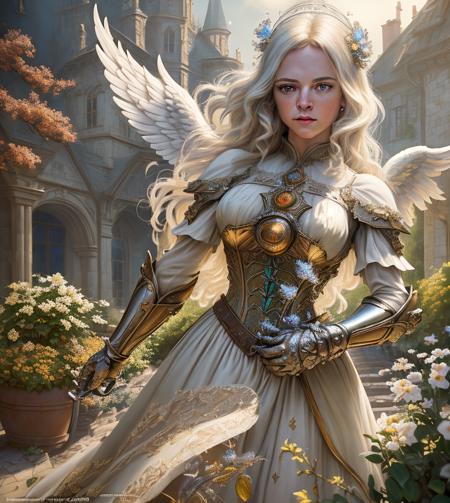 (Cinematic Photo:1.3) of (Masterpiece:1.3)angel warrior girl, dress crystal crystallized yellow pastel ornate drops transparent, hair white, fantasy, Medieval, epic hyper-detailed masterpiece ultra-wide, cinematic still, glamour hyper shoot, bokeh, pre-raphaelite, photo, realistic, octane render, 35 mm, photography, 8k resolution, 8 k, cinematic lighting, photographic, Eastman Kodak Color Negative film 5251 50T shot on panavision super, art by Bagshaw Tom, stanley, greg rutkowski, thomas kinkade, norman rockwell,(Cowboy-shot:1.2), (85mm),light particles, lighting, (highly detailed:1.2),(detailed face:1.2), (gradients), sfw, colorful,(detailed eyes:1.2), (detailed ladscape, garden, plants, castle:1.2),(detailed background),detailed landscape, (dynamic angle:1.2), (dynamic pose:1.2), (rule of third_composition:1.3), (Line of action:1.2), wide shot, daylight, solo,Highly Detailed,(80s Art:1.3),(Magical Realism:1.3),