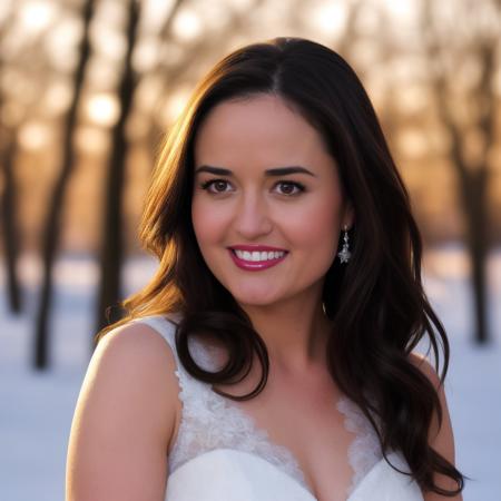 Papparazzi photograph (upper body shot:1.2) portrait of DanicaMcKellar<lora:DanicaMcKellar:0.6>, ((snowy weather)), (red bride dress:1.2), (beautiful lips:1.2), smiling, beautiful eyes, long hair, beautiful face, hyper realistic photograph, detailed face, (film grain:1.2), Kodak portra 800, f1.8, golden hour --ar 2:3 --beta --upbeta, telephoto lens, (face in shot:1.5), sunlight, nsfw