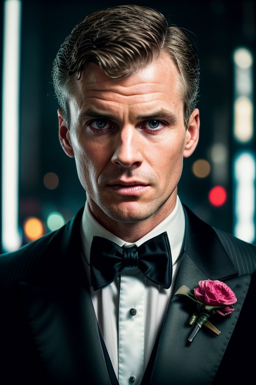 RAW face closeup portrait of a man wearing a tuxedo, professional photography, in blade runner, high resolution, 4k, 50mm,...