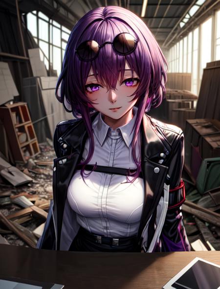 best quality, masterpiece, highres, detailed, digital artwork, <lora:Detail - add_detail:0.2>,  <lora:Character - KafkaHonkai:0.8>, KafkaHonkai, sunglasses on head, purple eyes, purple hair, white shirt, black jacket, open jacket, naughty face, purple energy, night, abandoned factory,