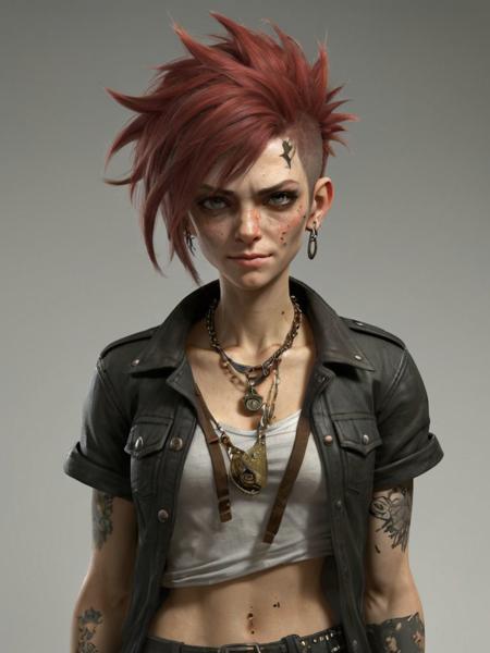 punk, skinny, multiples large necklaces, colored destroy shirt, 3d character, game (cartoon:0.5) character,  3d render, trending on artstation, concept, small, 1person, (full body:1.4), wide angle, 50mm, skinny,scars, hero pose, deciduous, (freckles:0.741), dirty clothes, thorns, goosebumps, gentle face, subtle smiling, cool person, (holding asset:1.3) , full body <lora:Grungy_Picture_SDXL_V1:1><lora:bynightPortraits-XL:0.4>, subsurface scattering, arnold render, xgen, trending on artstation, master piece, intricate, black background, rim lighting