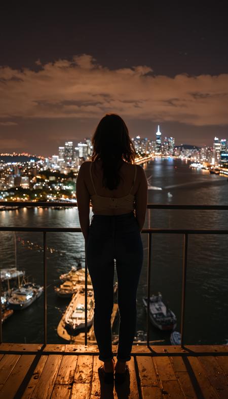 image shows a couple standing on a balcony overlooking a city at night. The city is lit up with colorful lights, and the skyline is visible in the background. The sky is dark and the buildings are lit up