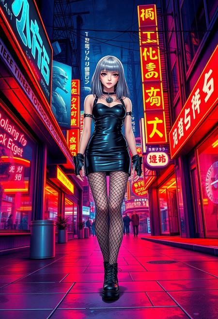 cyberpunk anime style, sci-fi female goth girl in tight  short leader dress, very shiny  pantyhose and a layer of fishnet pantyhose , walking with confidence  on a cyberpunk street, with neon signs and large adverts featuring robots, red and blue colour theme