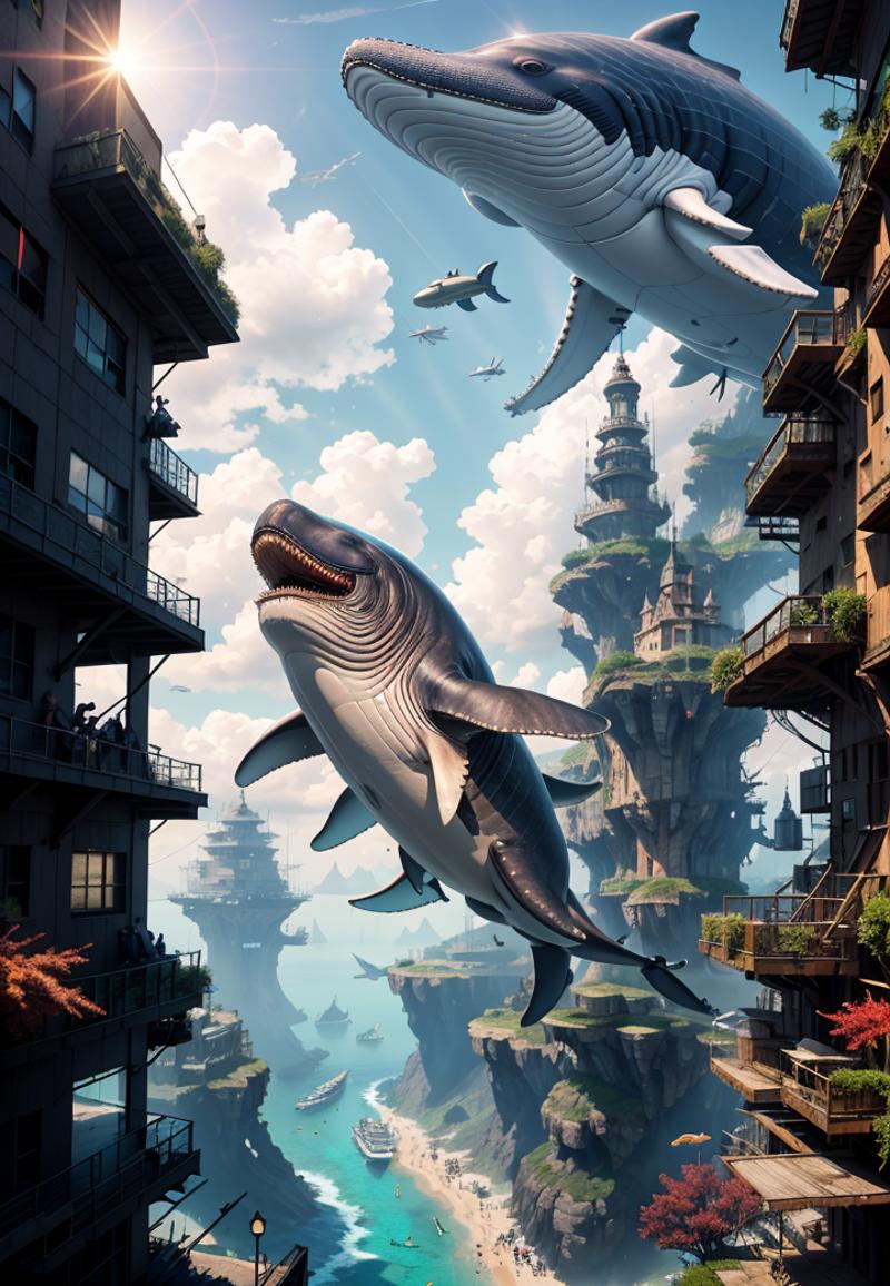 A giant whale flying over a city with multiple people and a submarine.