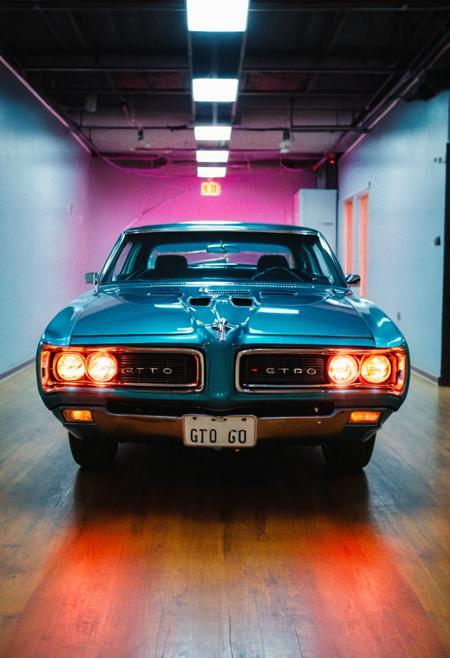 VintageMuscleCar gleaming Pontiac GTO indoors, symmetrical front view, bright headlights, neon lights, glass background, light reflections, 4K, highly detailed, (stylish grainy analog film photo 35mm vintage Kodachrome)