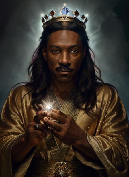 em1, man, one man, mustache, man wearing ((Shimmering Robe, Crown of Shadows, Crystal Orb of Chaos, Dark Staff, Enchanted Dagger)), masculine, photorealistic painting,  portrait, stunningly attractive(extremely detailed 8k wallpaper), highly detailed face, intricate, 8k, highly detailed, volumetric lighting, digital painting, intense, sharp focus, art by artgerm and rutkowski and alphonse mucha, cgsociety,  vibrant, dynamic atmosphere, photorealistic,
 <lora:EddieMurphy:1>