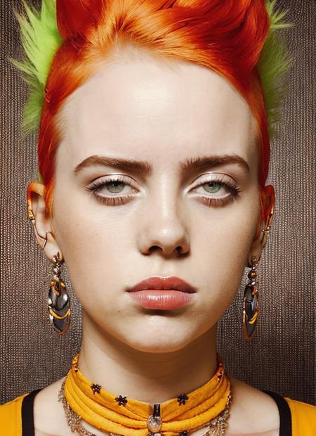 portrait of sks woman by Flora Borsi, style by Flora Borsi, bold, bright colours, orange Mohawk haircut, ((Flora Borsi)), <lora:locon_billie_v1_from_v1_64_32:1.3>