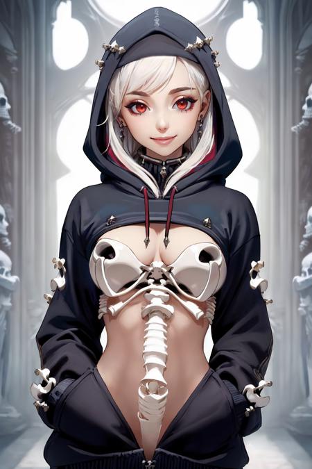 ((Masterpiece, best quality,edgQuality)),smile--, hoodie,edgBones, a woman in a hoodie made of bones ,wearing edgBones
 <lora:edgBoneHoodies:1>