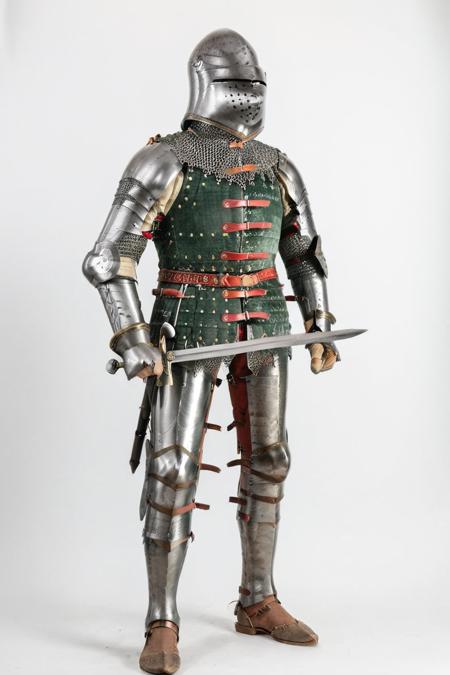 hires digital photo, photorealism, simple white background, standing, full body, wearing green and red brigandine, a sallet_helm, gorget, raised_visor, looking to the side, , holding sword over own shoulder, greaves, sabatons <lora:BrigandineXL-000016:1>, intricate details, high resolution,, SDXL_Overall_Detail