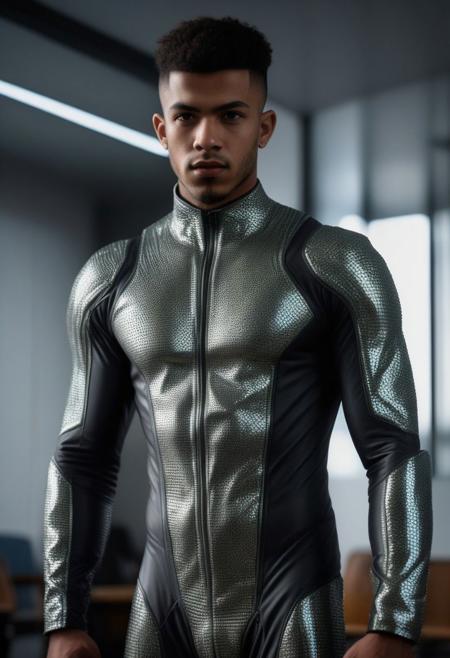 a strong 24-year-old brazillian male with brown skin, with undercut hair, glazed face, ((((((hypnotized expression)))))), wearing a skin tight latex jockstrap over his latex suit, wearing a skin tight gray latex cybernetic suit with dark-gray and silver latex details, standing at attention posture,  inside a modern university futuristic  classroom, looking to the camera, detailed face, Cinematic, Photoshoot, Shot on 25mm lens, Depth of Field, Tilt Blur, Shutter Speed 1/1000, F/22, White Balance, 32k, Super-Resolution, Pro Photo RGB, Half rear Lighting, Backlight, Dramatic Lighting, Incandescent, Soft Lighting, Volumetric, Conte-Jour, Global Illumination, Screen Space Global Illumination, Scattering, Shadows, Rough, Shimmering, Lumen Reflections, Screen Space Reflections, Diffraction Grading, Chromatic Aberration, GB Displacement, Scan Lines, Ambient Occlusion, Anti-Aliasing, FKAA, TXAA, RTX, SSAO, OpenGL-Shader s, Post Processing, Post-Production, Cell Shading, Tone Mapping, CGI, VFX, SFX, insanely detailed and intricate, hyper maximalist, elegant, dynamic pose, photography, volumetric, ultra-detailed, intricate details, super detailed, ambient