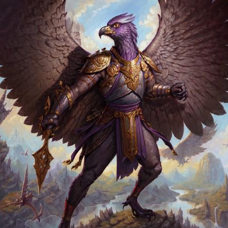 masterpiece, best quality,((solo)),  painting of Aven  a Dark Purple bird man  wearing armor, medieval setting, standing in a clime, evening <lora:Aven:0.9>