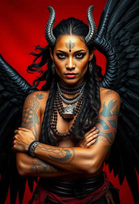 action pose of the most beautiful aboriginal woman warrior of the world, tattooed, demon black wings, beautiful studio makeup, black crocodile skin armour, silk robe, wind, masterpiece, best quality, high quality, hyper detailed, HDR, 8k, sharp focus, realistic eyes, realistic, red background, photography studio style