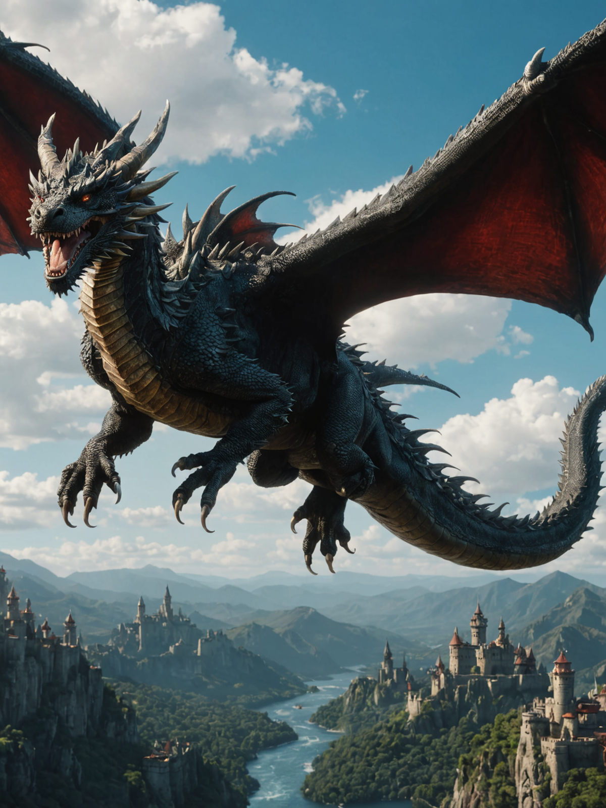 A large dragon with sharp claws and teeth flying over a castle.