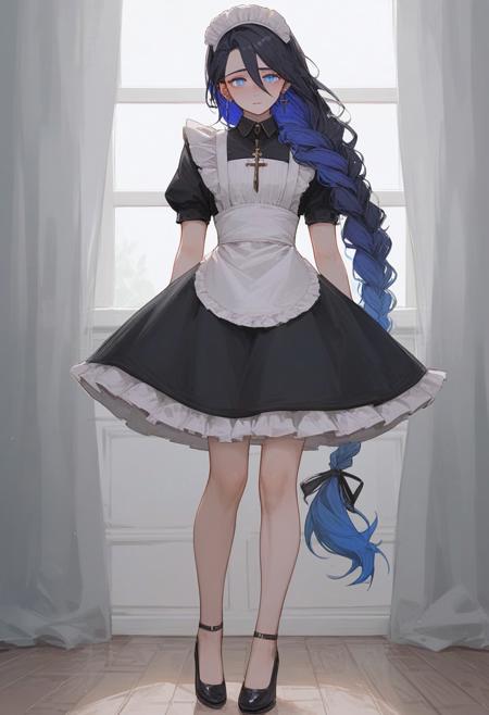 sscore_9, score_8_up, score_7_up, source_anime, BREAK, (masterpiece), good eyes, perfect face, 1 male, man, boy, 1boy, black hair, blue eyes, blue hair, braid, braided ponytail, cross, earrings, full body, gradient hair, hair between eyes, hair over shoulder, long hair, looking at viewer, male focus, multicolored hair, purple hair, single braid, solo, standing, maid's outfit, short maid dress, blushes, standing, bedroom, Expressiveh, detailed eyes