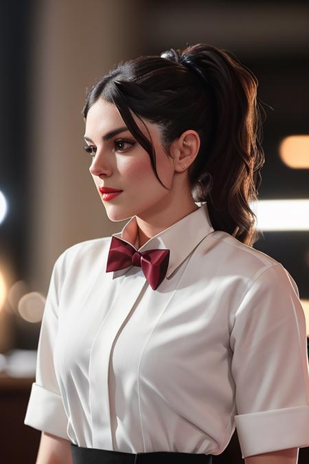 photo of a woman, monicab:0.99,((ponytail):1.1) ((bowtie, white shirt):1.2), ((garage, tools, workbench):1.2),((red lipstick, eyeliner, eye shadow, blush)), ((best quality, masterpiece, extreme details, high resolution):1.2),((detailed eyes, beautiful eyes, detailed face, beautiful face):1.2)