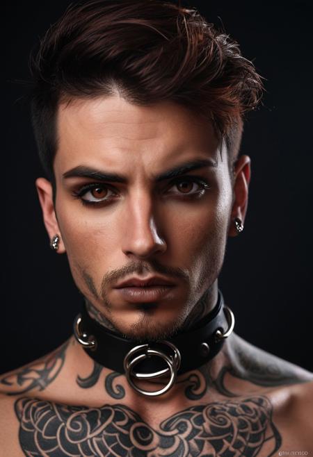 A striking close-up portrait of a tattooed man with a captivating, 
intense gaze. Her dark, 
chestnut hair cascades around her face, 
accentuating her expressive eyes, 
well-defined eyebrows, 
and full lips. The warm, 
smooth skin of her face contrasts with the dark background, 
creating a dramatic and mysterious effect. Intricate tattoos adorn her arms and chest, 
adding to her bold and edgy appearance. A sleek black leather choker with metal elements encircles her neck, 
highlighting her strong facial features. The directional lighting accentuates her facial expressions and the gleam in her eyes, 
while the glamour photography style captures her allure. The overall composition embodies alternative aesthetics, 
making this an unforgettable and mesmerizing image.