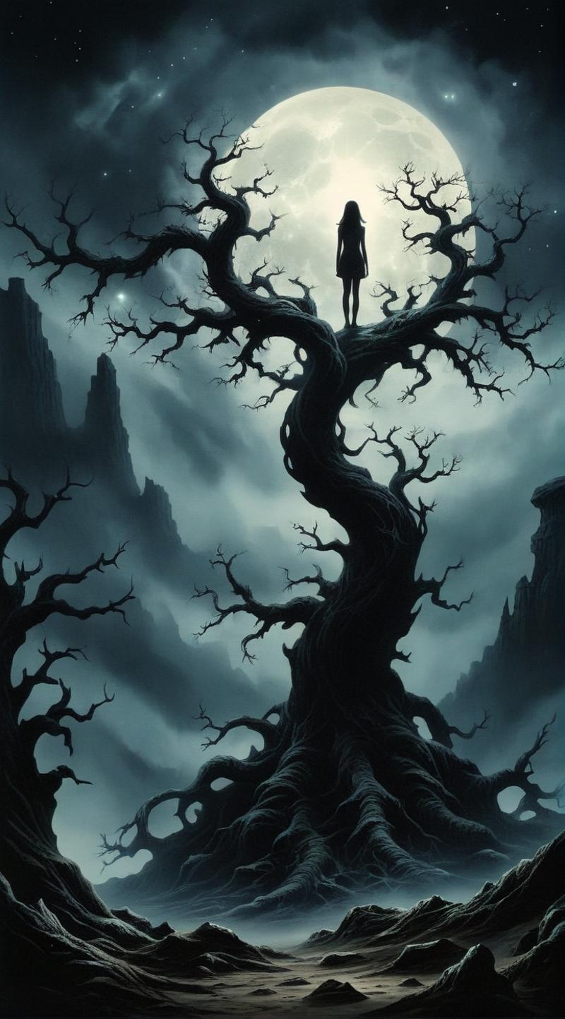 The image features a woman standing on a large tree branch, with a full moon in the background. The scene appears to be set at night, with the woman seemingly climbing the tree. The tree is surrounded by a dark sky, adding to the overall dramatic atmosphere of the image.