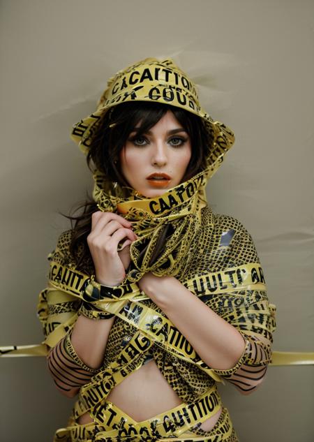 fashion photo of  a woman wearing a hat and scarf in multiple pictures covered of tape, caution tape, keep out, Tape_people <lora:Tape_people_SD15:0.75>