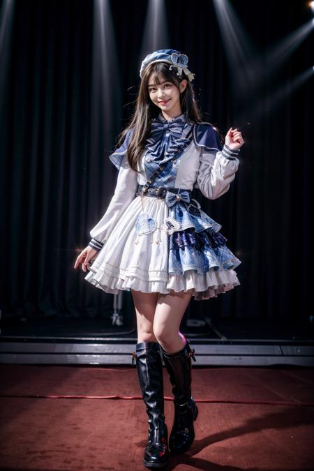 best quality, masterpiece, photorealistic, 1girl, solo, full body, standing, long straight hair, looking at viewer, smile, cyb dress, capelet, long sleeves, belt, bow, bowtie, hat, headwear, white knee boots, stage in the backgorund, stage lighting, stage spotlight, detailed background, audience, people, <lora:idol_costume_style8_v1:0.75>, <lora:add_detail:1>