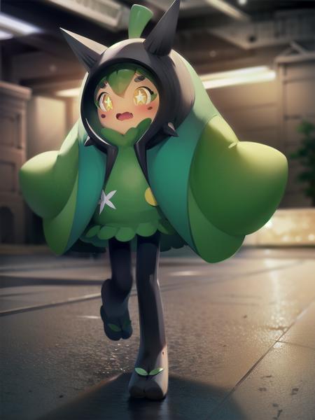 (masterpiece:1.2), (best quality:1.2), 1girl, solo, (full body), looking at viewer, embarrassed, blushing, BREAK
<lora:Ogerpon-15:1> ogerpon, pokemon \(creature\), black pantyhose, hood, green dress, yellow eyes,