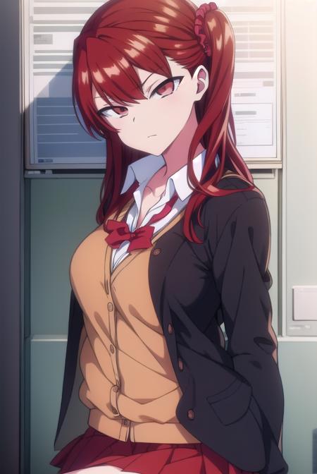 izuminogami, <lyco:izuminogami-lyco-nochekaiser:1>, 
izumi nogami, red hair, one side up, medium hair, scrunchie, (red eyes:1.5),
BREAK skirt, school uniform, pleated skirt, shoes, socks, cardigan, brown cardigan,
BREAK looking at viewer,
BREAK indoors, classroom,
BREAK <lora:GoodHands-vanilla:1>, (masterpiece:1.2), best quality, high resolution, unity 8k wallpaper, (illustration:0.8), (beautiful detailed eyes:1.6), extremely detailed face, perfect lighting, extremely detailed CG, (perfect hands, perfect anatomy),