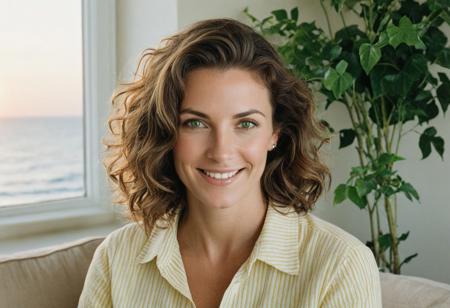 A meticulously detailed, hyper-realistic studio portrait of a 35 years old woman with sun-kissed skin and bright green eyes. She has a slim, oval, delicately contoured face with high cheekbones, a narrow jawline, and a subtle V-shaped chin. Her wavy, short-length light brown hair is casually tousled, framing her naturally beautiful face. Her skin has realistic texture: visible pores, soft natural wrinkles, gentle laugh lines, and minor imperfections that enhance authenticity. She wears a stripped yellow and white linen button up shirt an a warm, genuine smile . She seats in a warm living room,sorrounded with plants,green ivy near the window, facing the sunset, and ocean,through a Big  window, captured with an 85mm lens at f/4, with natural color grading and an unedited RAW film look — inspired by Kodak Portra 400. No makeup retouching, no plastic effect, no artificial smoothing.
street photography , photography , editorial photo,  realistic , natural light,  highly detailed